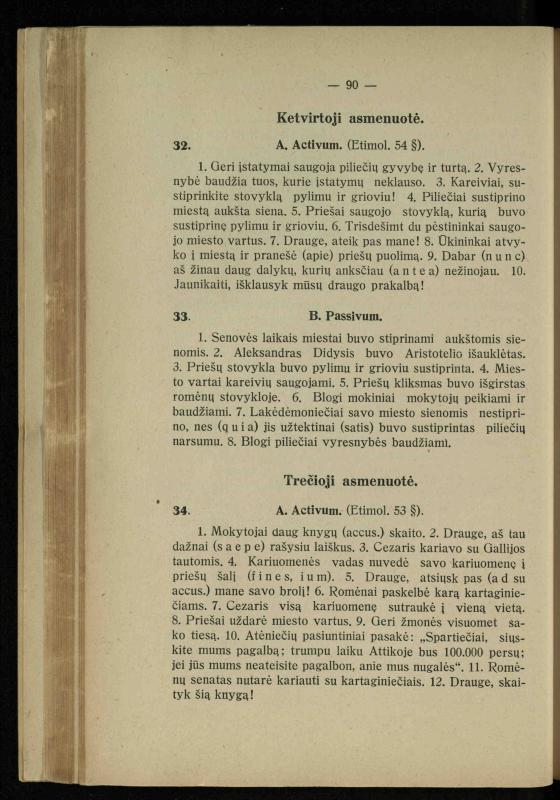 Lotynų kalbos chrestomatija: vidurinėms mokykloms vadovėlis (3-sios ir 4-sios klasės kursas) / K. Kliuksinas. – [Kaunas]: Koper. s-ga „Spaudos fondas“, 1932. – 191 p.