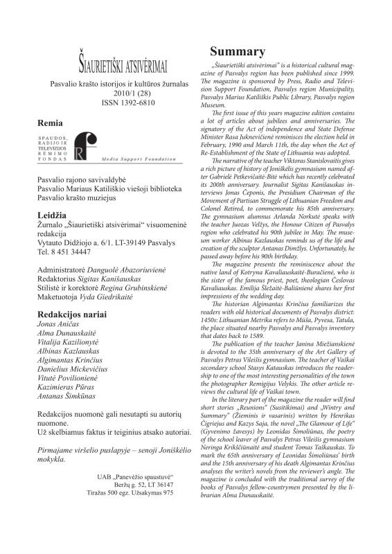 Šiaurietiški atsivėrimai : Pasvalio krašto istorijos ir kultūros žurnalas 2010, nr. 1 (28)