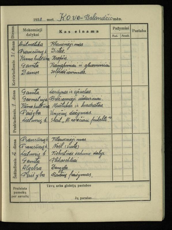 Pasvalio inž. P. Vileišio valstybinės gimnazijos I klasės mokinio Jono Mikelinsko dienynas. 1937–1938 m.
