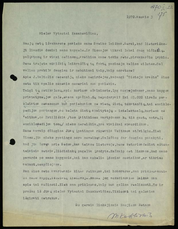 Žurnalisto Vytauto Kazakevičiaus ir rašytojų Mariaus Katiliškio, Zinaidos Nagytės-Katiliškienės korespondencija. 1966–1984 m.