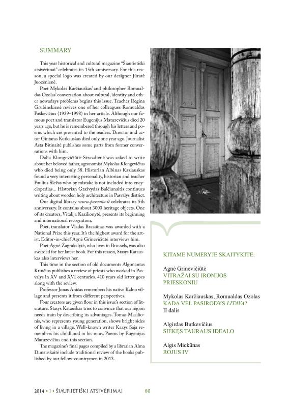 Šiaurietiški atsivėrimai : Pasvalio krašto istorijos ir kultūros žurnalas 2014, nr. 1 (36)