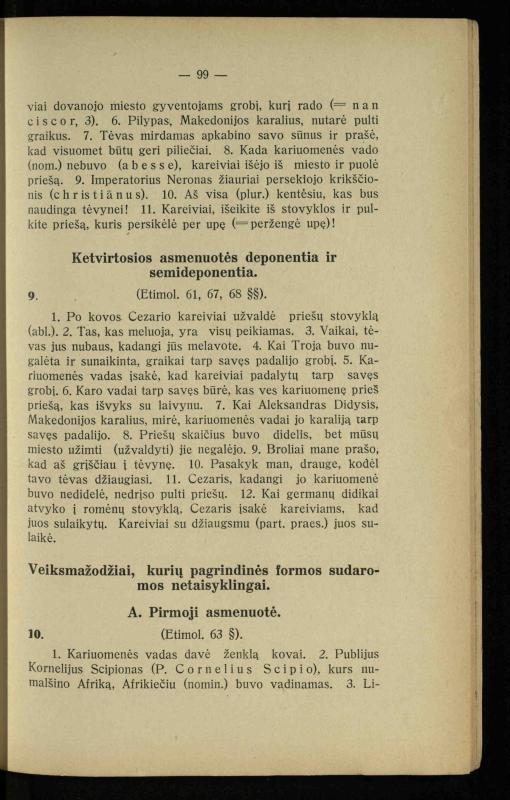Lotynų kalbos chrestomatija: vidurinėms mokykloms vadovėlis (3-sios ir 4-sios klasės kursas) / K. Kliuksinas. – [Kaunas]: Koper. s-ga „Spaudos fondas“, 1932. – 191 p.