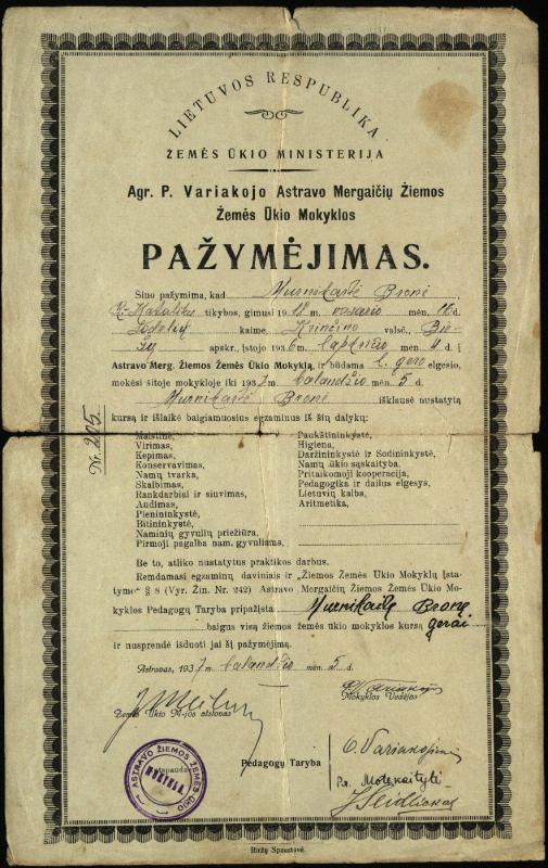 Agronomo P. Variakojo Astravo Mergaičių Žiemos žemės ūkio mokyklos pažymėjimas, išduotas Bronei Murnikaitei, 1937 m.
