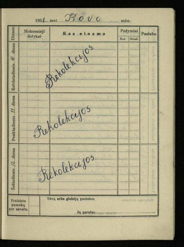 Pasvalio inž. P. Vileišio valstybinės gimnazijos I klasės mokinio Jono Mikelinsko dienynas. 1937–1938 m.